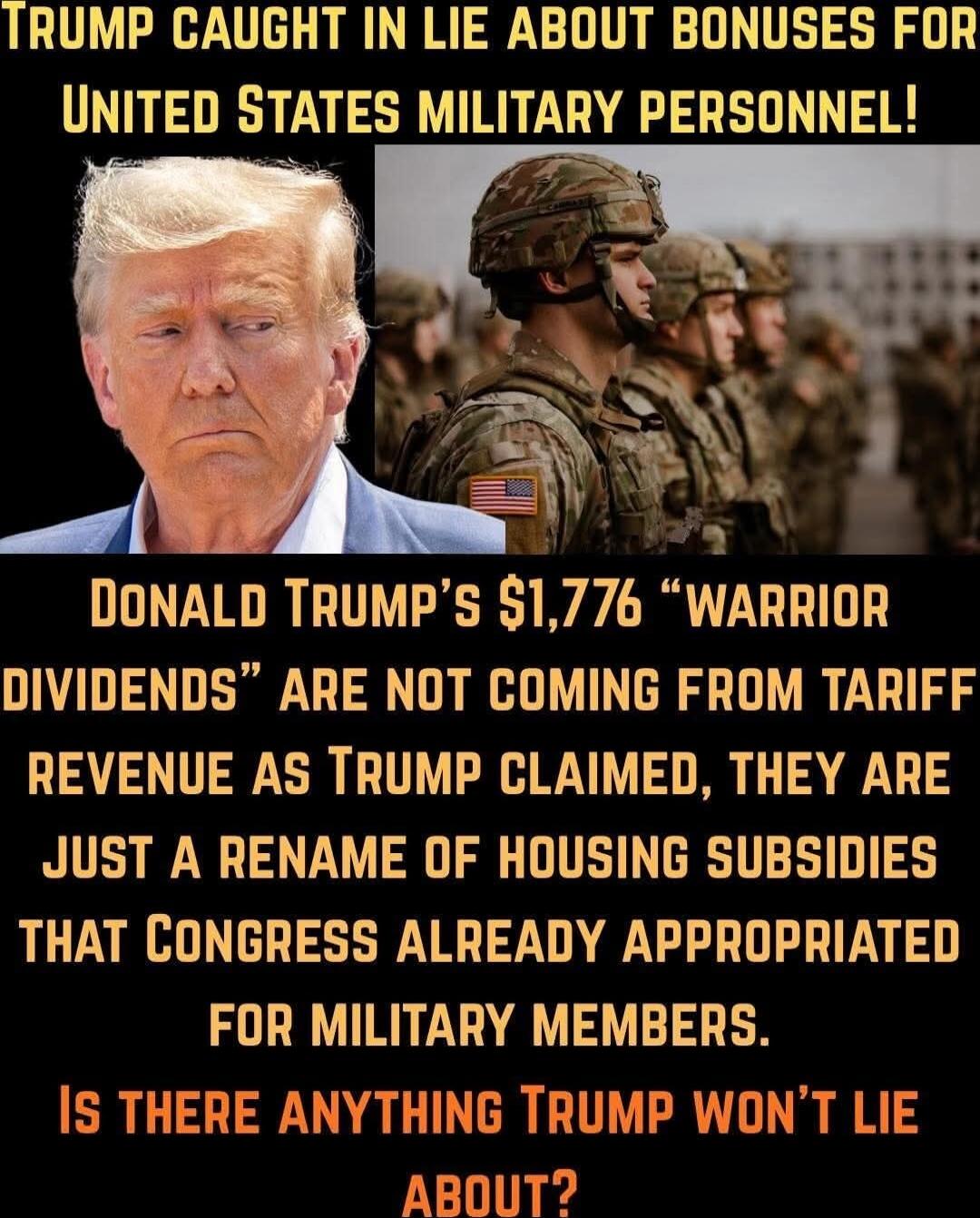 TRUMP CAUGHT IN LIE ABOUT BONUSES FOR UNITED STATES MILITARY PERSONNEL!\n\nDONALD TRUMP'S $1,776 