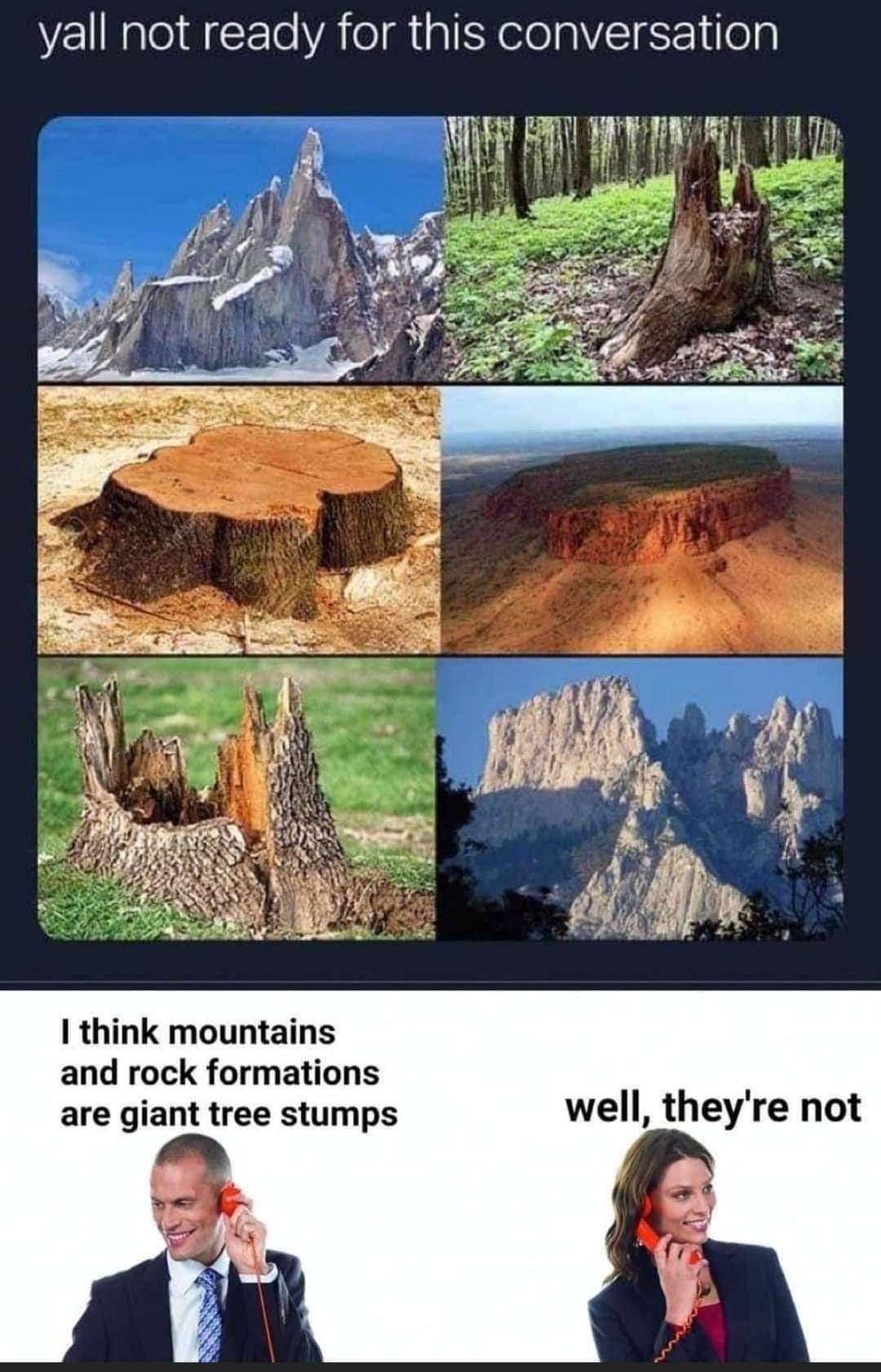 yall not ready for this conversation A N A _fj v P 3 think mountains and rock formations are giant tree stumps well theyre not