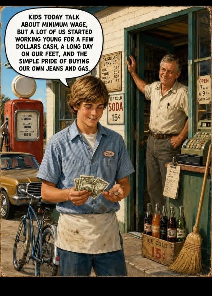 KIDS TODAY TALK ABOUT MINIMUM WAGE, BUT A LOT OF US STARTED WORKING YOUNG FOR A FEW DOLLARS CASH, A LONG DAY ON OUR FEET, AND THE SIMPLE PRIDE OF BUYING OUR OWN JEANS AND GAS. REGULAR SERVICE OIL 35¢ TIRE 25¢ WASH 50¢ GREASE 15¢ ICE COLD SODA 15¢ OPEN 7 A.M. TO 9 P.M. EVERY DAY THIS SALE $1.00 GALLONS 000 PRICE PER GALLON 0.00 Time Card Tom.