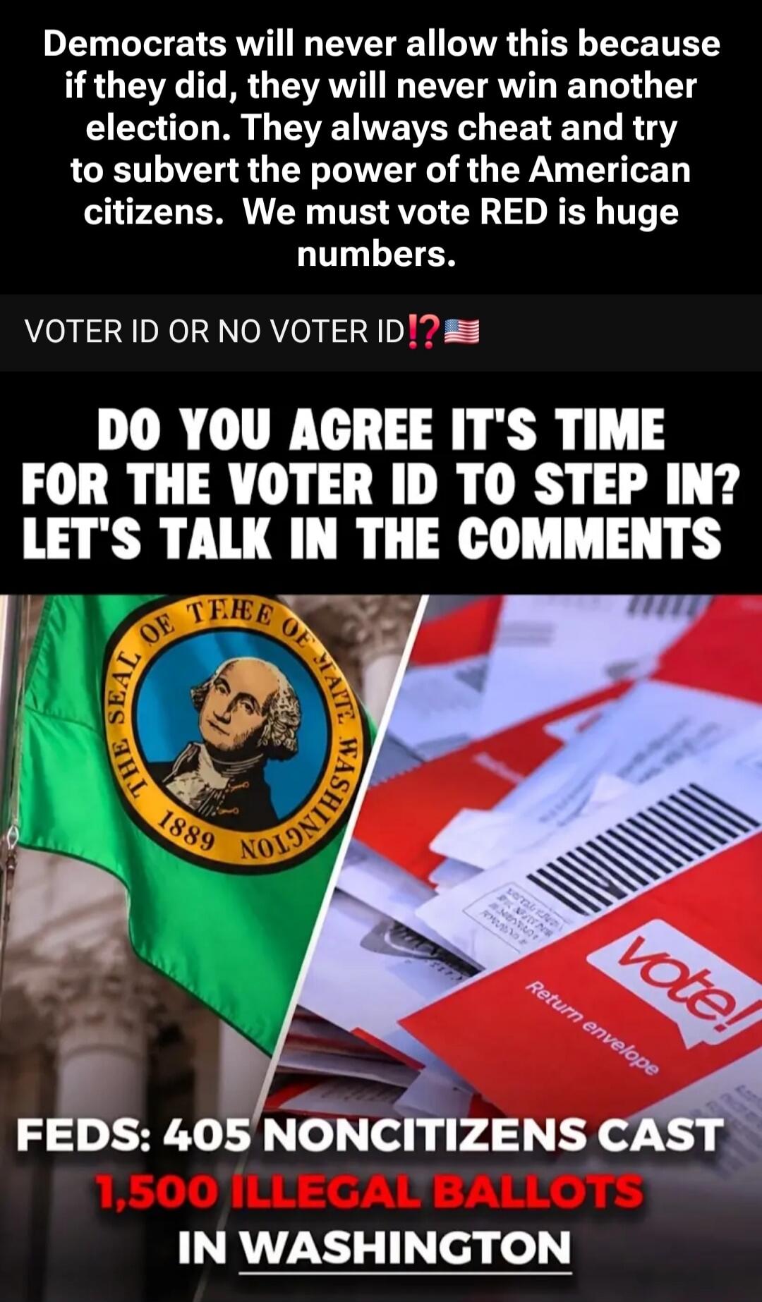 Democrats will never allow this because if they did, they will never win another election. They always cheat and try to subvert the power of the American citizens. We must vote RED is huge numbers. VOTER ID OR NO VOTER ID!? DO YOU AGREE IT'S TIME FOR THE VOTER ID TO STEP IN? LET'S TALK IN THE COMMENTS. FEDS: 405 NONCITIZENS CAST 1,500 ILLEGAL BALLO