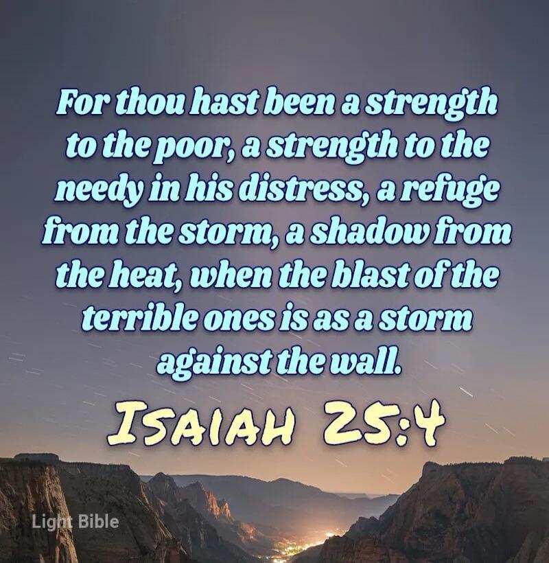 For thou hast been a strength to the poor, a strength to the needy in his distress, a refuge from the storm, a shadow from the heat, when the blast of the terrible ones is as a storm against the wall. Isaiah 25:4
