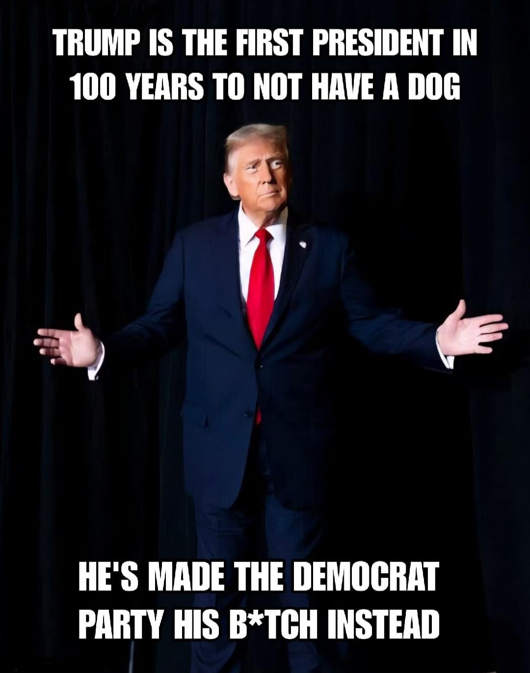 TRUMP IS THE FIRST PRESIDENT IN 100 YEARS TO NOT HAVE A DOG. HE'S MADE THE DEMOCRAT PARTY HIS B*TCH INSTEAD.