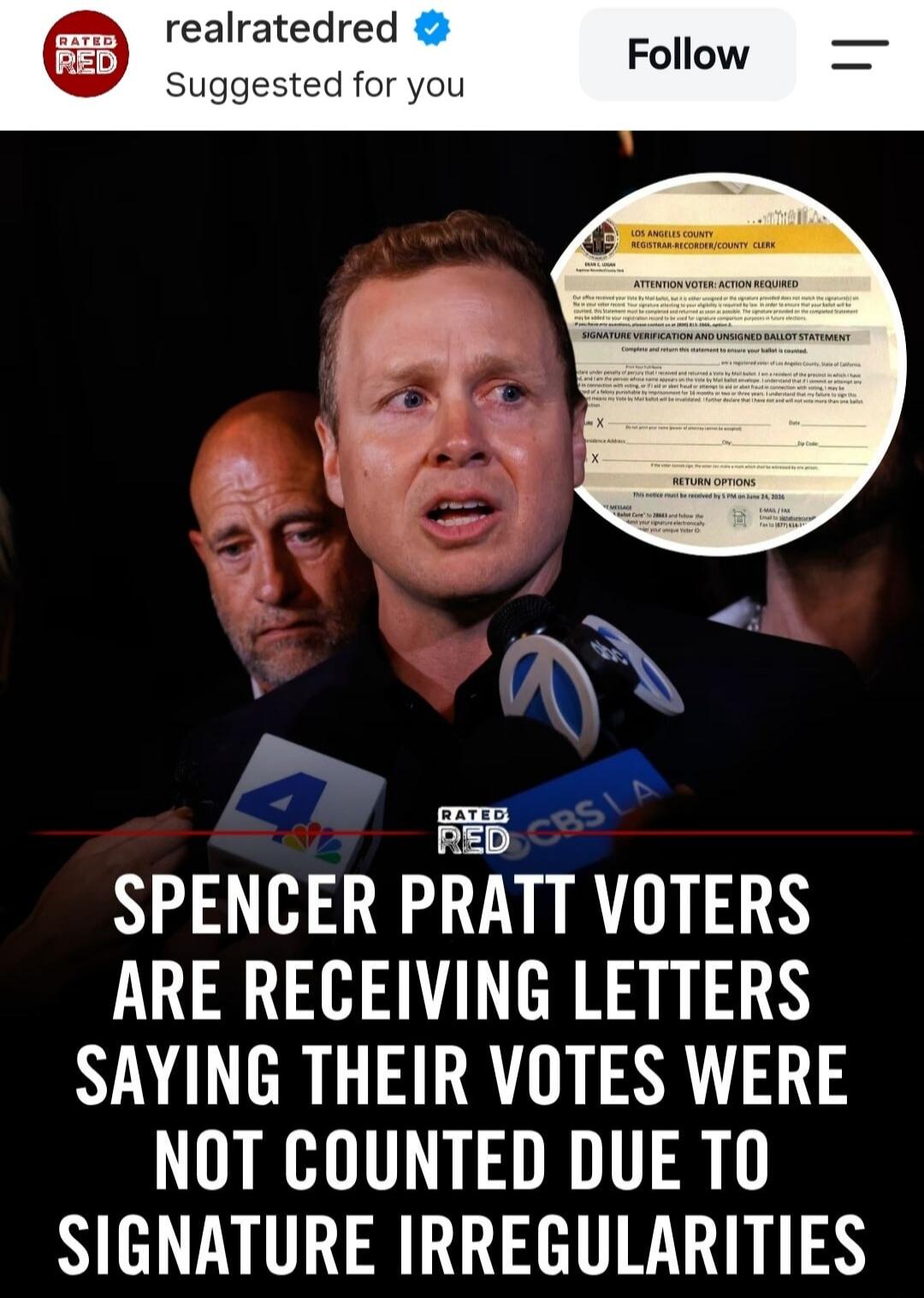 Spencer Pratt voters are receiving letters saying their votes were not counted due to signature irregularities. Los Angeles County Registrar-Recorder/County Clerk. Attention Voter: Action Required. Signature Verification and Unsigned Ballot Statement. Return Options. This notice must be received by 5 PM on June 24, 2020.