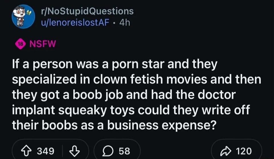 If a person was a porn star and they specialized in clown fetish movies and then they got a boob job and had the doctor implant squeaky toys they could write off their boobs as a business expense?
