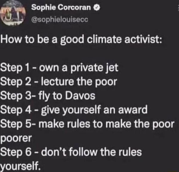 wa Sophie Corcoran CET L IETT How to be a good climate activist Step 1 own a private jet Step 2 lecture the poor Step 3 fly to Davos Step 4 give yourself an award Step 5 make rules to make the poor poorer Step 6 dont follow the rules yourself