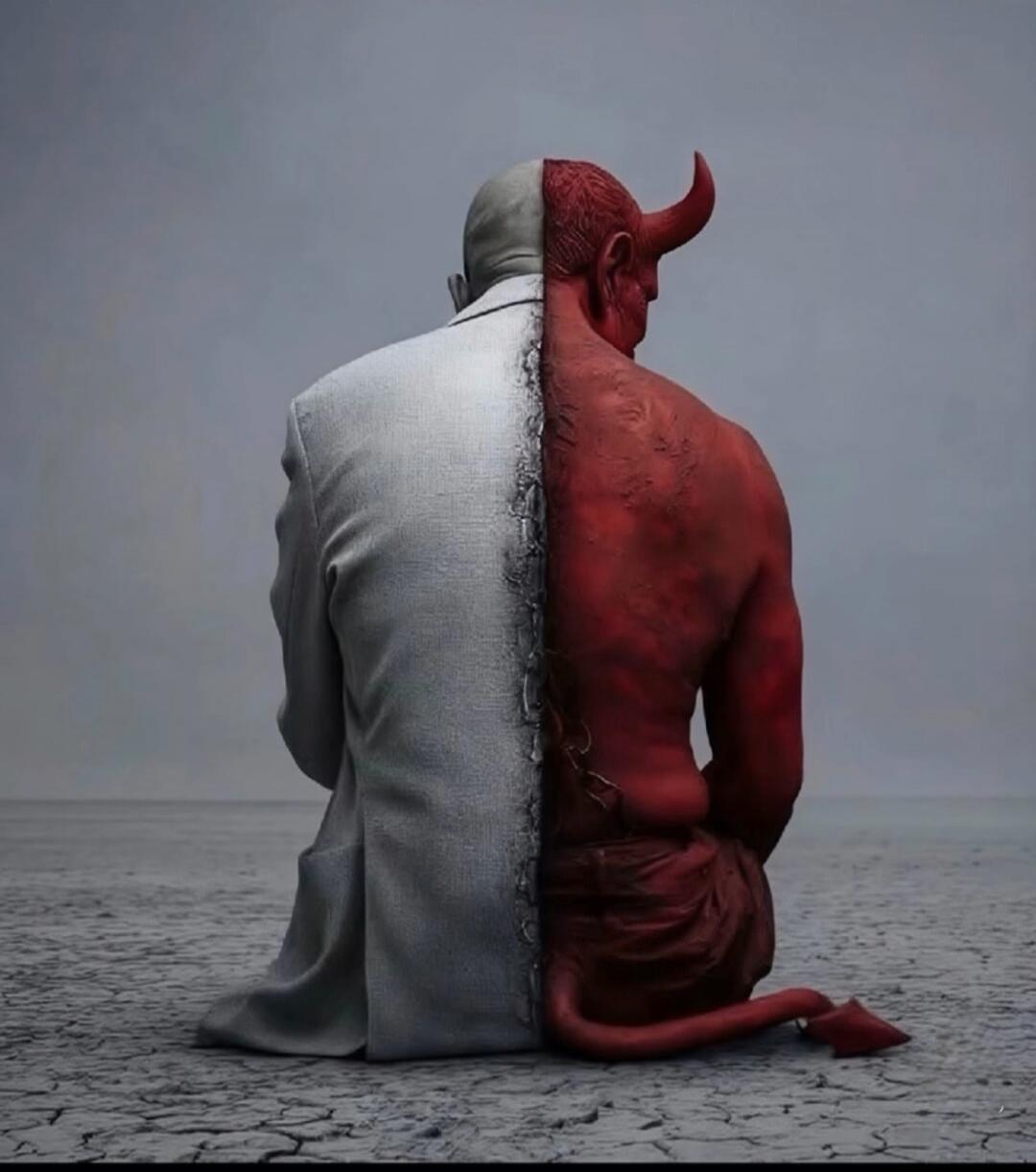 Two-faced figure representing good vs evil: a white-clothed side and a red demonic side.