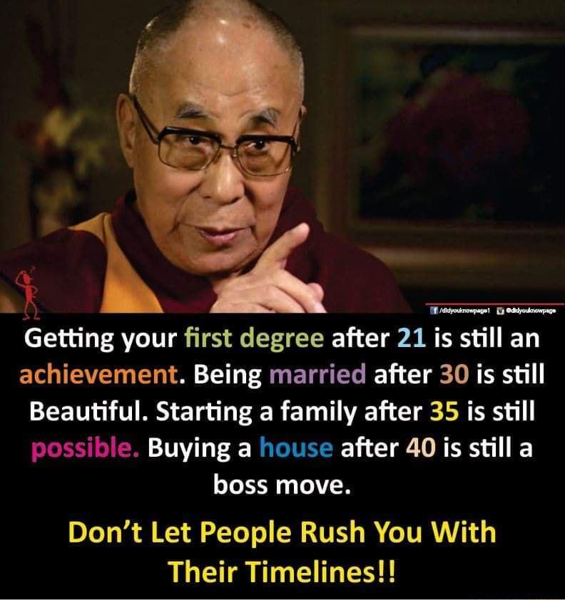 sgk o Getting your first degree after 21 is still an achievement Being married after 30 is still Beautiful Starting a family after 35 is still SISEEISIENN TTVI T 2 MATS IR i T DN ER Y I boss move Dont Let People Rush You With Their Timelines