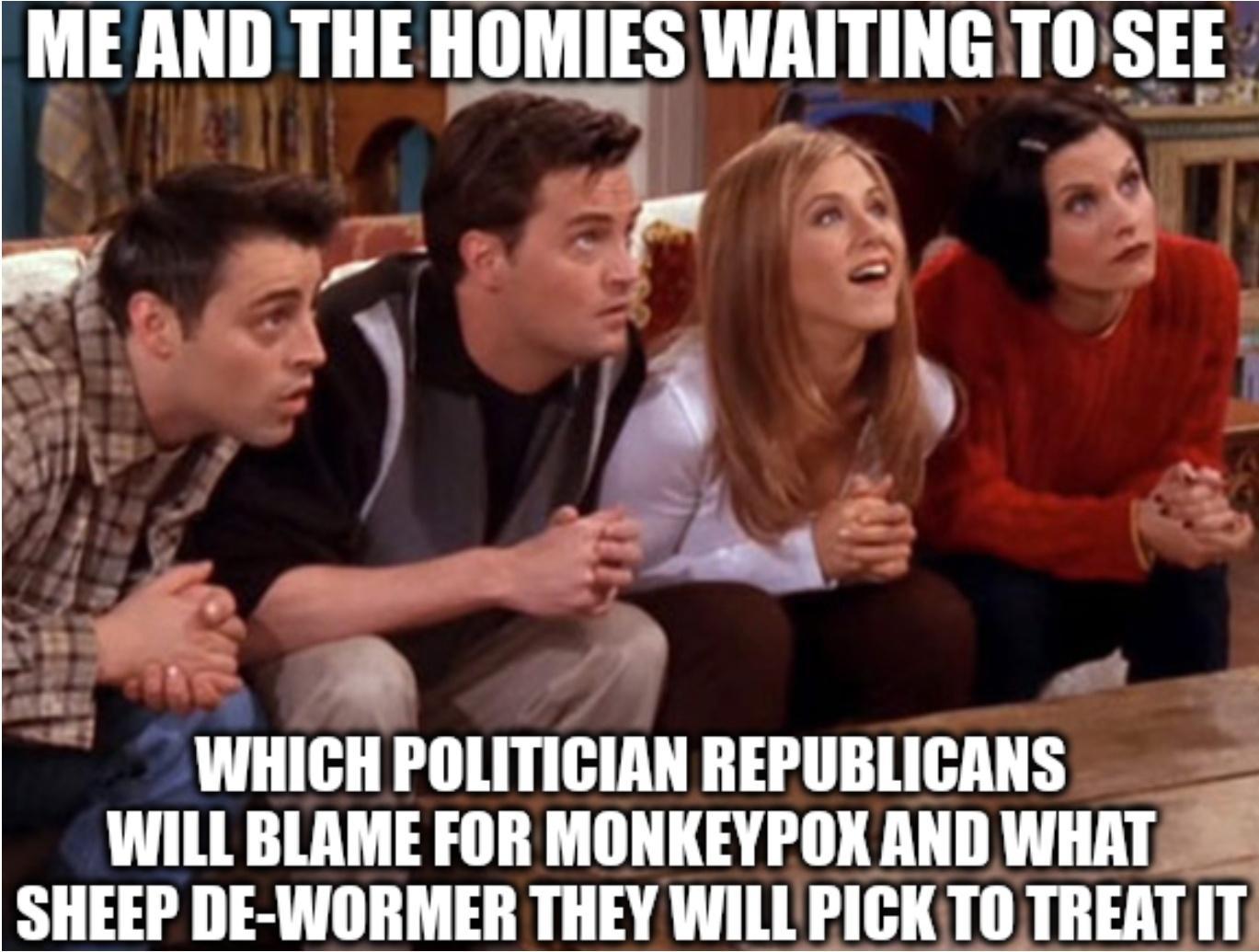 ME AND THE IM_IES WAITINGTO SEE_ N v n o 4 R A g i 2 v 8 _ e wHIGII POLITICIAN REPUBLICANS WILL BLAME FOR MONKEYPOX AND WIIAT SHEEP DE WORMER THEY WILL PICK TO TREAT IT