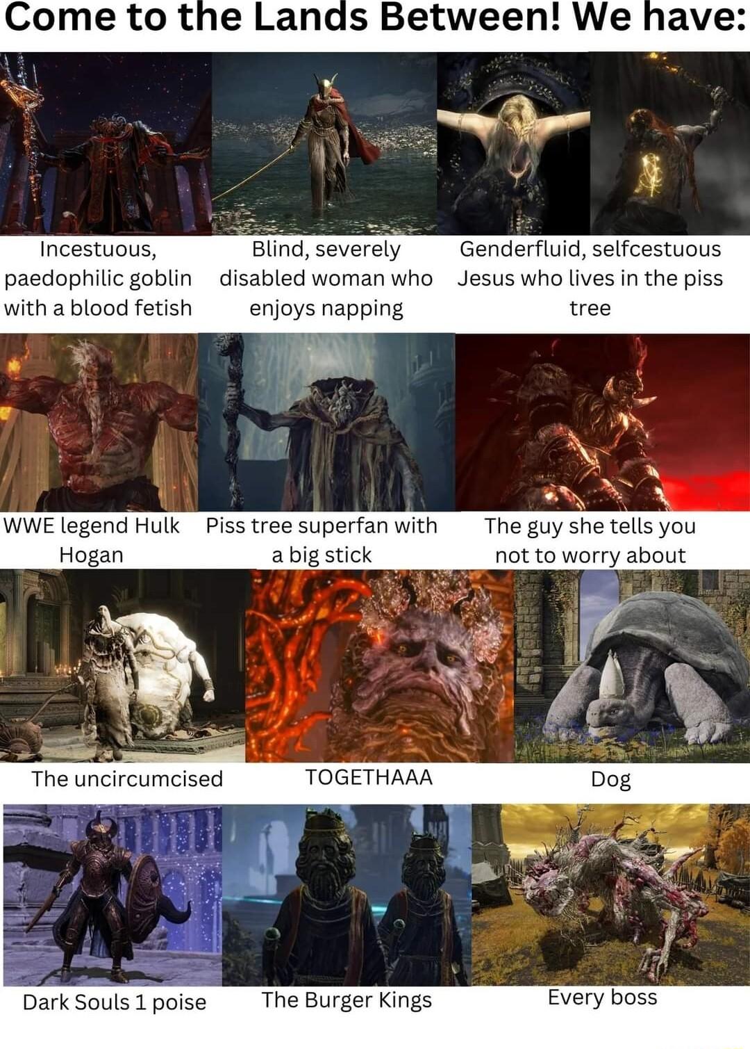 Come to the Lands Between We have Incestuous Blind severely Genderfluid selfcestuous paedophilic goblin disabled woman who Jesus who lives in t with a blood fetis enjoys napping tree WWE legend Hulk Piss tree superfanwith The guy she tells you Hogan a big stick not to worry about Dark Souls 1 poise The Burger Kings