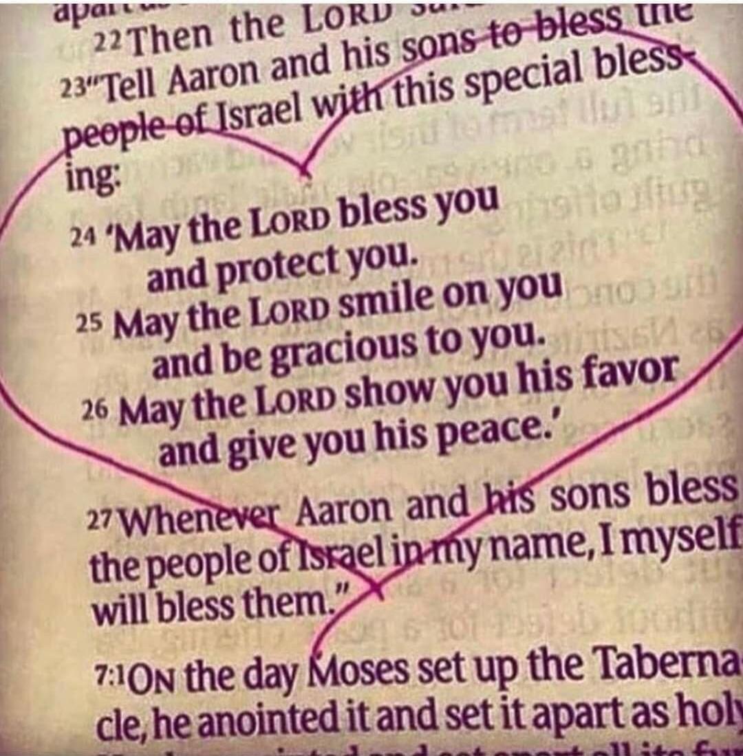 Tell Aaron and his sons to bless the people of Israel with this special blessing: May the LORD bless you and protect you. May the LORD smile on you and be gracious to you. May the LORD show you his favor and give you his peace.