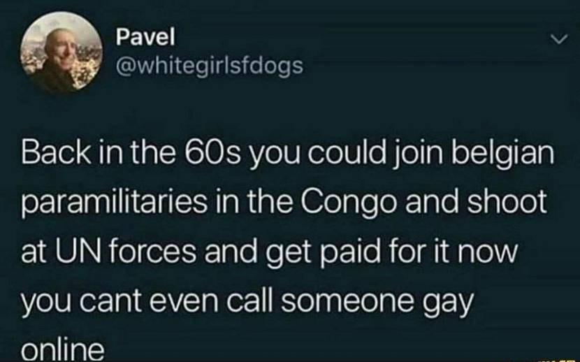 i Pavel v whitegirlsfdogs Back in the 60s you could join belgian eElEInlliEl I R A elpleloRale Kigloleld at UN forces and get paid for it now you cant even call someone gay Foalla