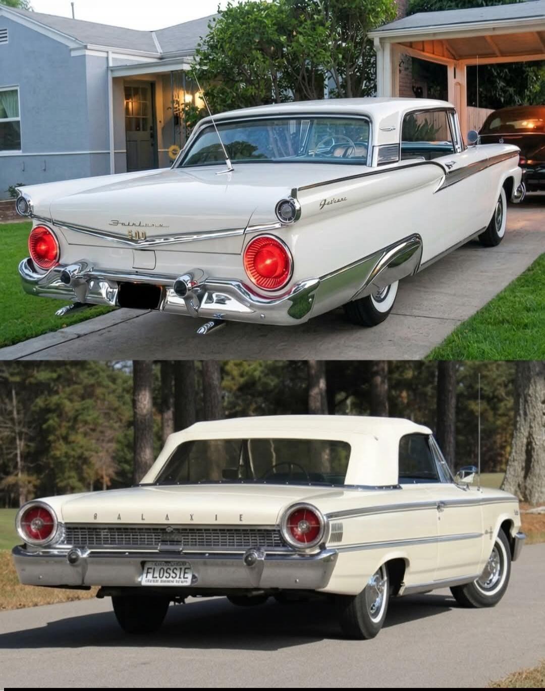 Two classic Ford cars are shown from the rear. The top image features a white 1959 Ford Fairlane 500, with 'Fairlane' and '500' visible on the trunk. The bottom image shows a cream 1962 Ford Galaxie, with 'GALAXIE' visible on the trunk and 'FLOSSIE' on the license plate.