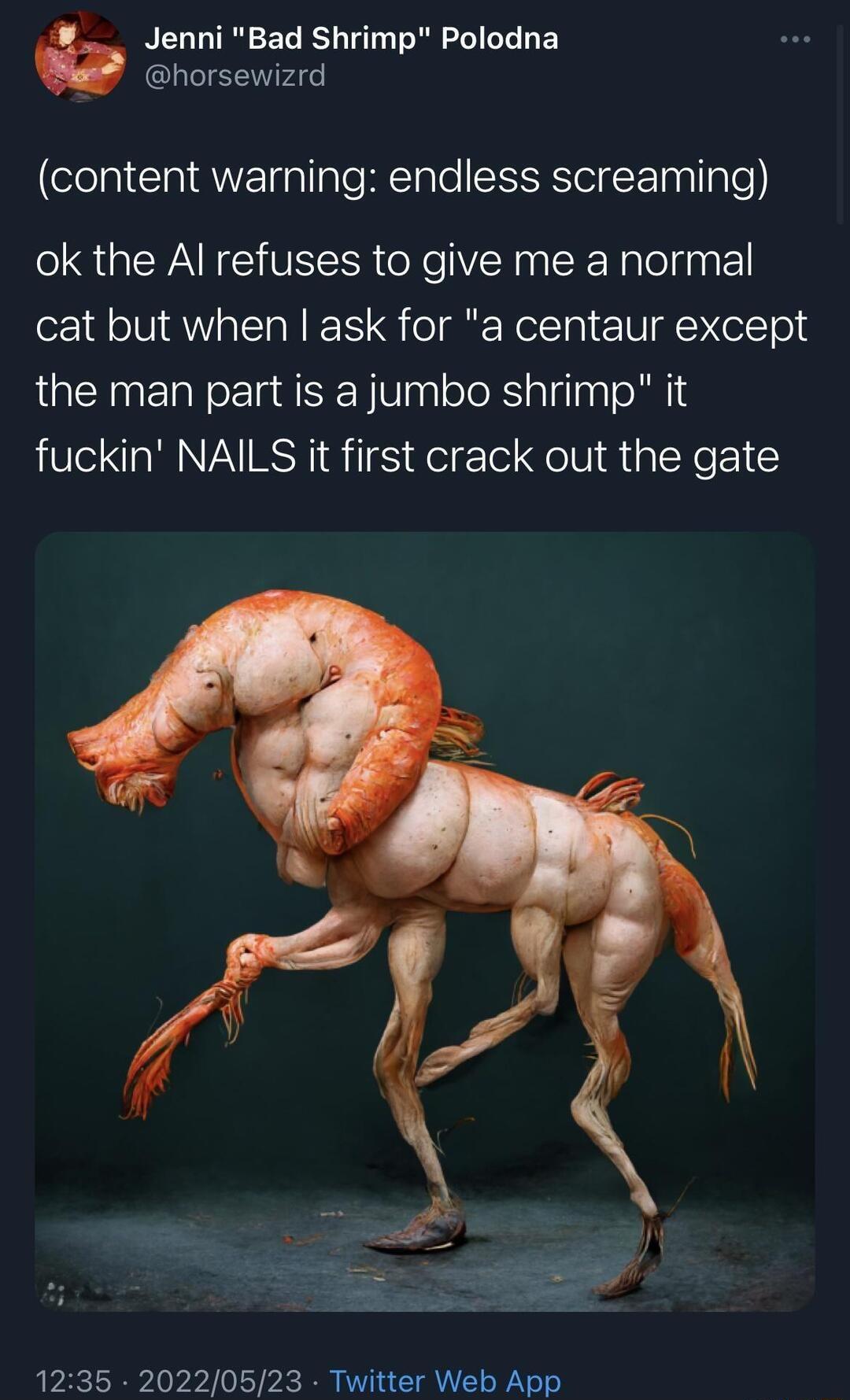 Jenni Bad Shrimp Polodna horsewizrd elp1 A EIfallale M alel SRS el gF aalale o QWA SR e N i CRRalelgngEel cat but when ask for a centaur except the man part is a jumbo shrimp it fuckin NAILS it first crack out the gate RIS 0yl 01571 AC I Vi1 a T VUV oWV o