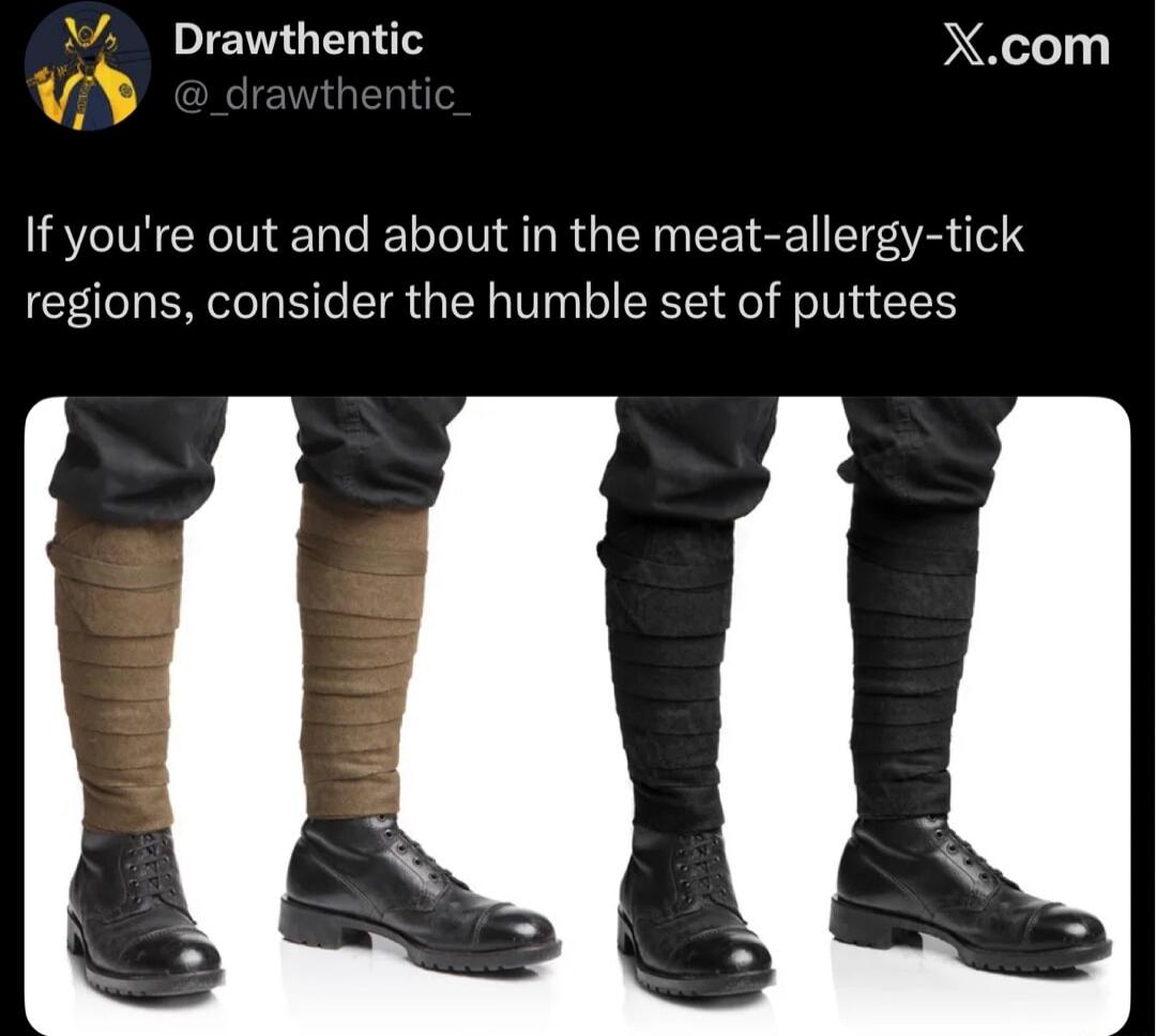 Drawthentic @_drawthentic_ X.com If you're out and about in the meat-allergy-tick regions, consider the humble set of puttees