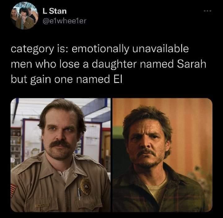 category is emotionally unavailable men who lose a daughter named Sarah but gain one named El