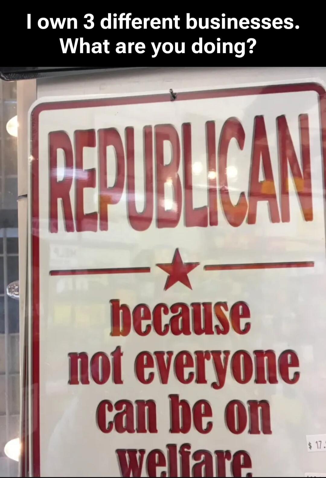 I own 3 different businesses. What are you doing? REPUBLICAN because not everyone can be on welfare.