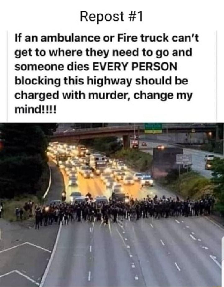 Repost 1 If an ambulance or Fire truck cant get to where they need to go and someone dies EVERY PERSON blocking this highway should be charged with murder change my