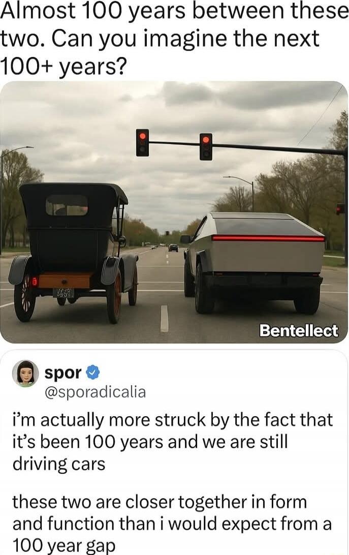 Almost 100 years between these two. Can you imagine the next 100+ years? i'm actually more struck by the fact that it's been 100 years and we are still driving cars these two are closer together in form and function than i would expect from a 100 year gap