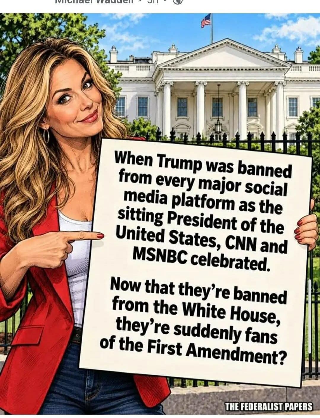 When Trump was banned from every major social media platform as the sitting President of the United States, CNN and MSNBC celebrated. Now that they're banned from the White House, they're suddenly fans of the First Amendment? THE FEDERALIST PAPERS