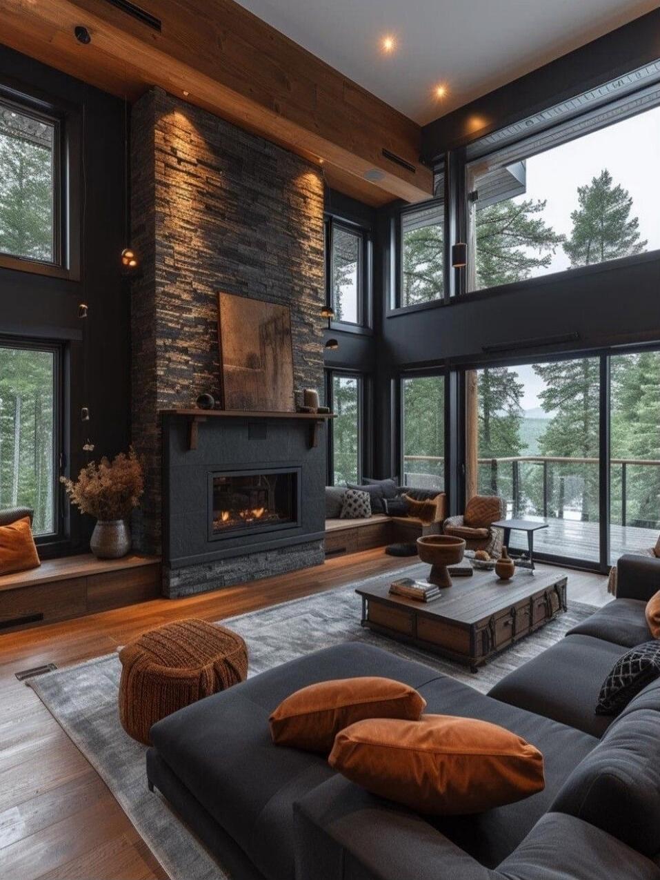 A contemporary rustic living room with a stone fireplace, large windows, and a view of a forest. The space features dark walls, wooden beams, a gray sectional sofa with orange throw pillows, a wooden coffee table, and a cozy seating arrangement around the fireplace.