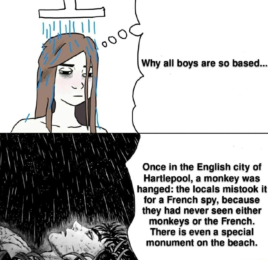 Why all boys are so based Once in the English city of Hartlepool a monkey was hanged the locals mistook it for a French spy because they had never seen either monkeys or the French There is even a special monument on the beach