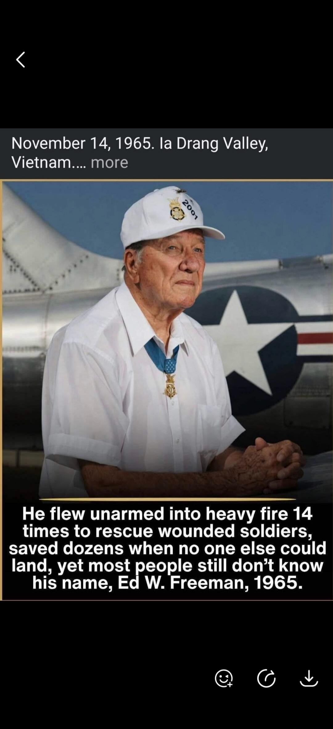 November 14, 1965. Ia Drang Valley, Vietnam. He flew unarmed into heavy fire 14 times to rescue wounded soldiers, saved dozens when no one else could land, yet most people still don't know his name, Ed W. Freeman, 1965.