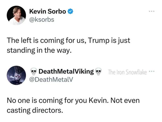 Kevin Sorbo ksorbs The left is coming for us Trump is just standing in the way DeathMetalViking DeathMetalV No one is coming for you Kevin Not even casting directors