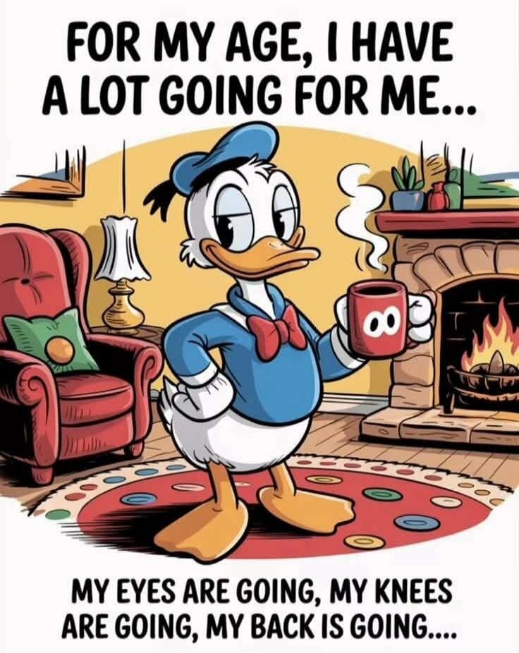 FOR MY AGE, I HAVE A LOT GOING FOR ME... MY EYES ARE GOING, MY KNEES ARE GOING, MY BACK IS GOING....