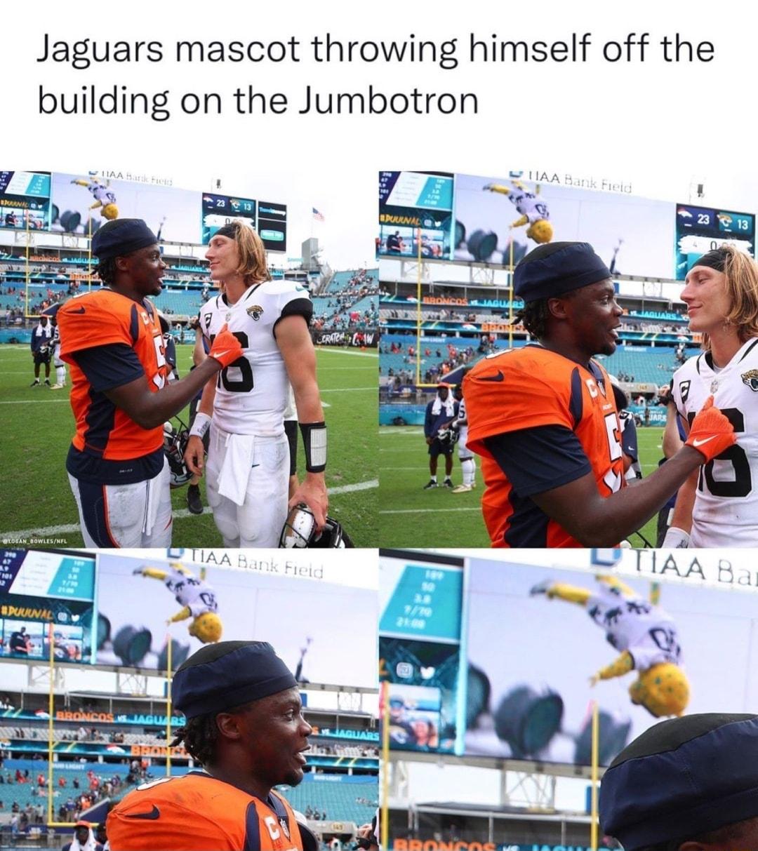 Jaguars mascot throwing himself off the building on the Jumbotron