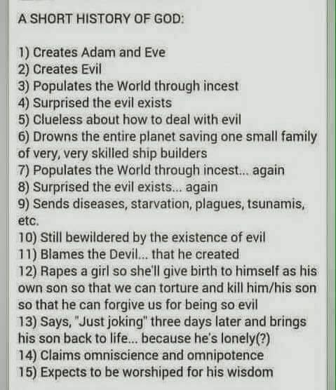 A SHORT HISTORY OF GOD 1 Creates Adam and Eve 2 Creates Evil 3 Populates the World through incest 4 Surprised the evil exists 5 Clueless about how to deal with evil 6 Drowns the entire planet saving one small family of very very skilled ship builders 7 Populates the World through incest again 8 Surprised the evil exists again 9 Sends diseases starvation plagues tsunamis ete 10 Still bewildered by 