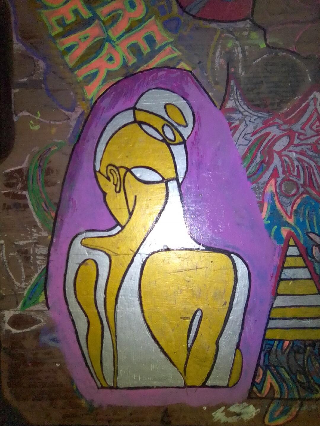 Abstract graffiti art of a yellow stylized figure inside a purple frame.