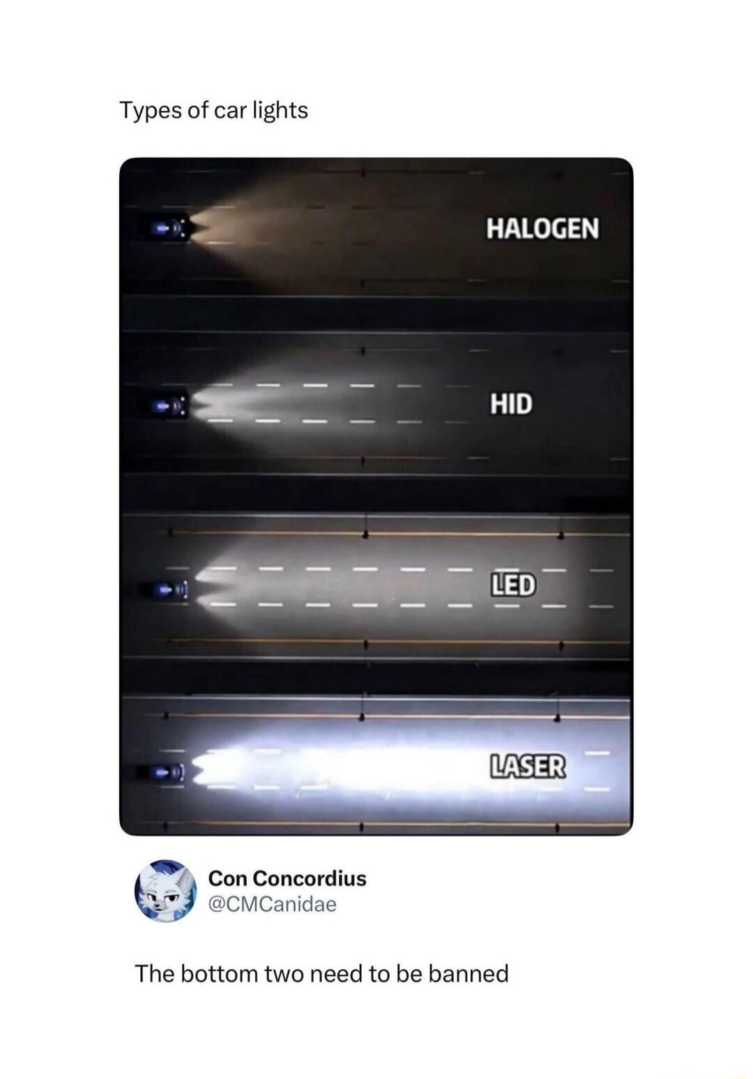 Types of car lights
HALOGEN
HID
LED
LASER

Con Concordius
@CMCanidide
The bottom two need to be banned