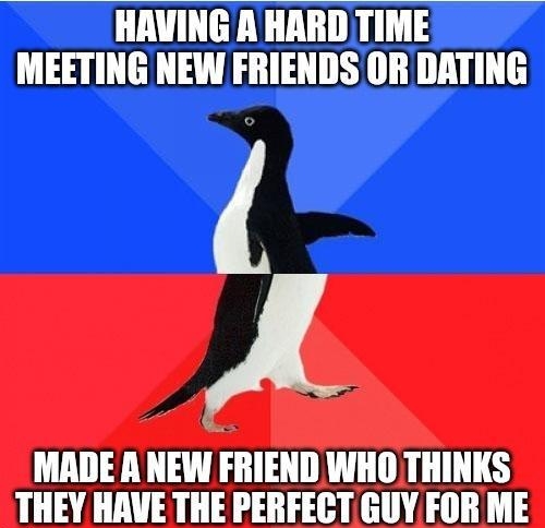 HAVING A HARD TIME MEETING NEW FRIENDS OR DATING A MADE A NEW FRIEND WHO THINKS THEY HAVE THE PERFECT GUY FOR ME