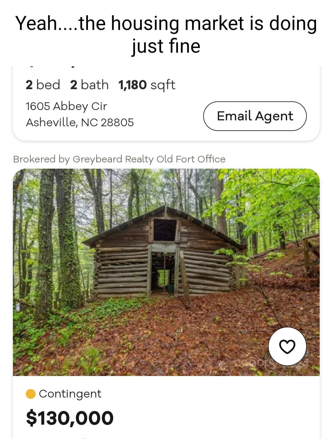 Yeahthe housing market is doing just fine 2bed 2bath 1180 sqft 1605 Abbey Cir Asheville NC 28805 Email Agent Brokered by Greybeard Realty Old Fort Contingent 130000