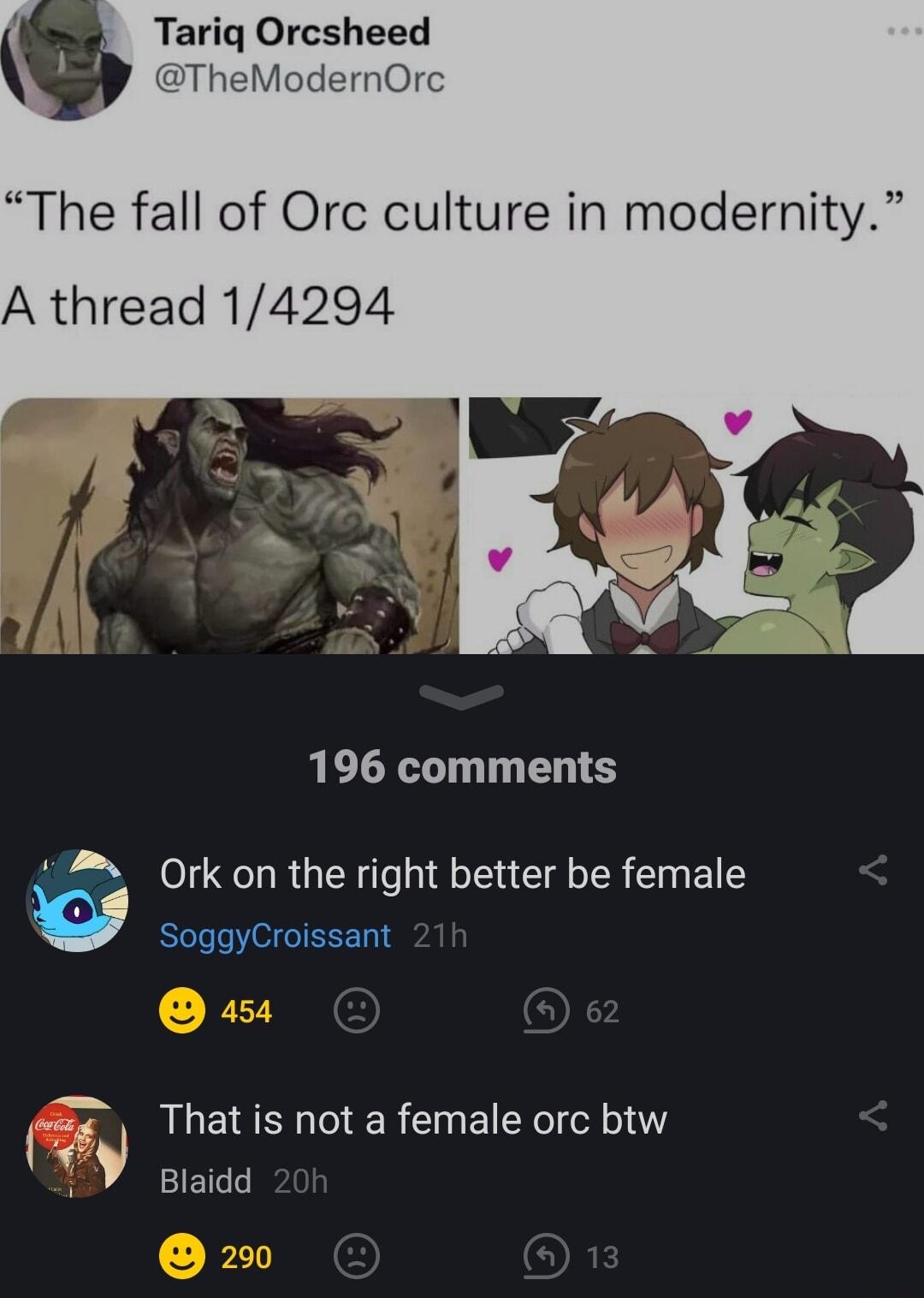 The fall of Orc culture in modernity A thread 14294 196 comments Ork on the right better be female D socoycioissnt That is not a female orc btw 9 Blaidd 200