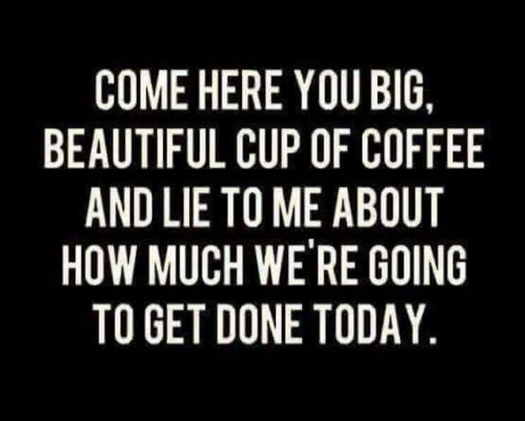 COME HERE YOU BIG, BEAUTIFUL CUP OF COFFEE AND LIE TO ME ABOUT HOW MUCH WE'RE GOING TO GET DONE TODAY.