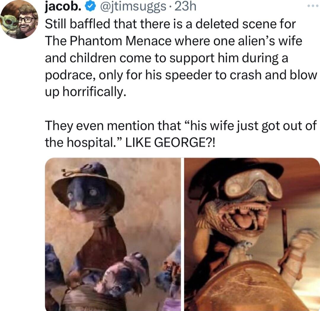 T Jacob jtimsuggs 23h Still baffled that there is a deleted scene for The Phantom Menace where one aliens wife and children come to support him during a podrace only for his speeder to crash and blow up horrifically They even mention that his wife just got out of the hospital LIKE GEORGE