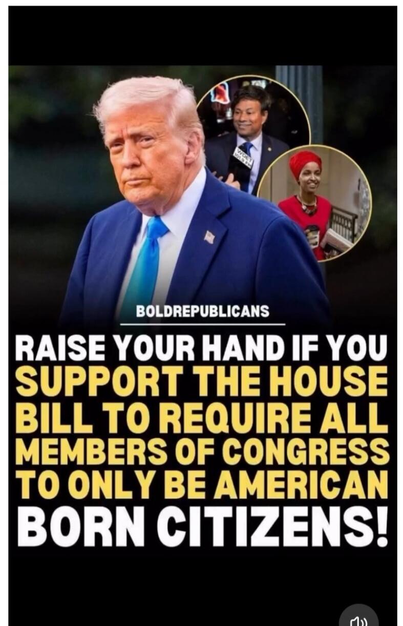 BOLDREPUBLICANS RAISE YOUR HAND IF YOU SUPPORT THE HOUSE BILL TO REQUIRE ALL MEMBERS OF CONGRESS TO ONLY BE AMERICAN BORN CITIZENS!