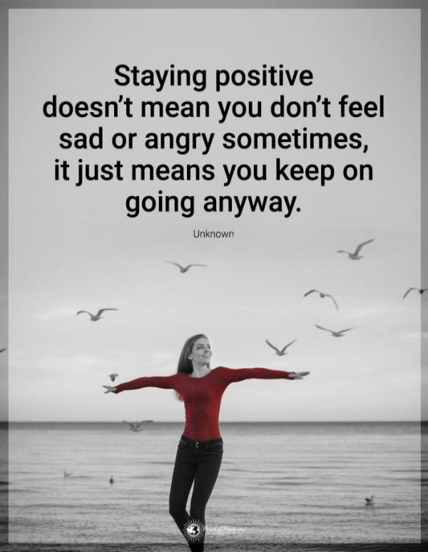Staying positive doesn't mean you don't feel sad or angry sometimes, it just means you keep on going anyway.
Unknown