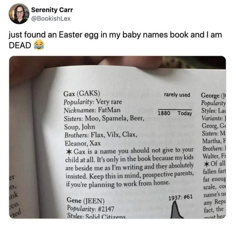 Samnily carr okishiex just found an Easter egg in my baby names book and am DEAD Gax GAKS Popularity Very rare Nicknames FatMan Sisters Moo Spamela Beer Soup John Brothers Flax Vilx Clax Eleanor Xax P Gax is a name you should not give to your child at all It only in the book because mykids WalterFr it of all ate beside me as m writingand they absolutely X insisted Keep this in mind prospective par