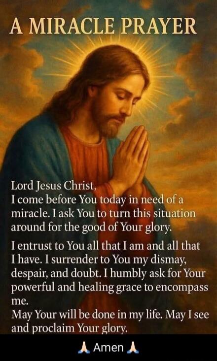 A MIRACLE PRAYER

Lord Jesus Christ,
I come before You today in need of a miracle. I ask You to turn this situation around for the good of Your glory.
I entrust to You all that I am and all that I have. I surrender to You my dismay, despair, and doubt. I humbly ask for Your powerful and healing grace to encompass me.
May Your will be done in my lif
