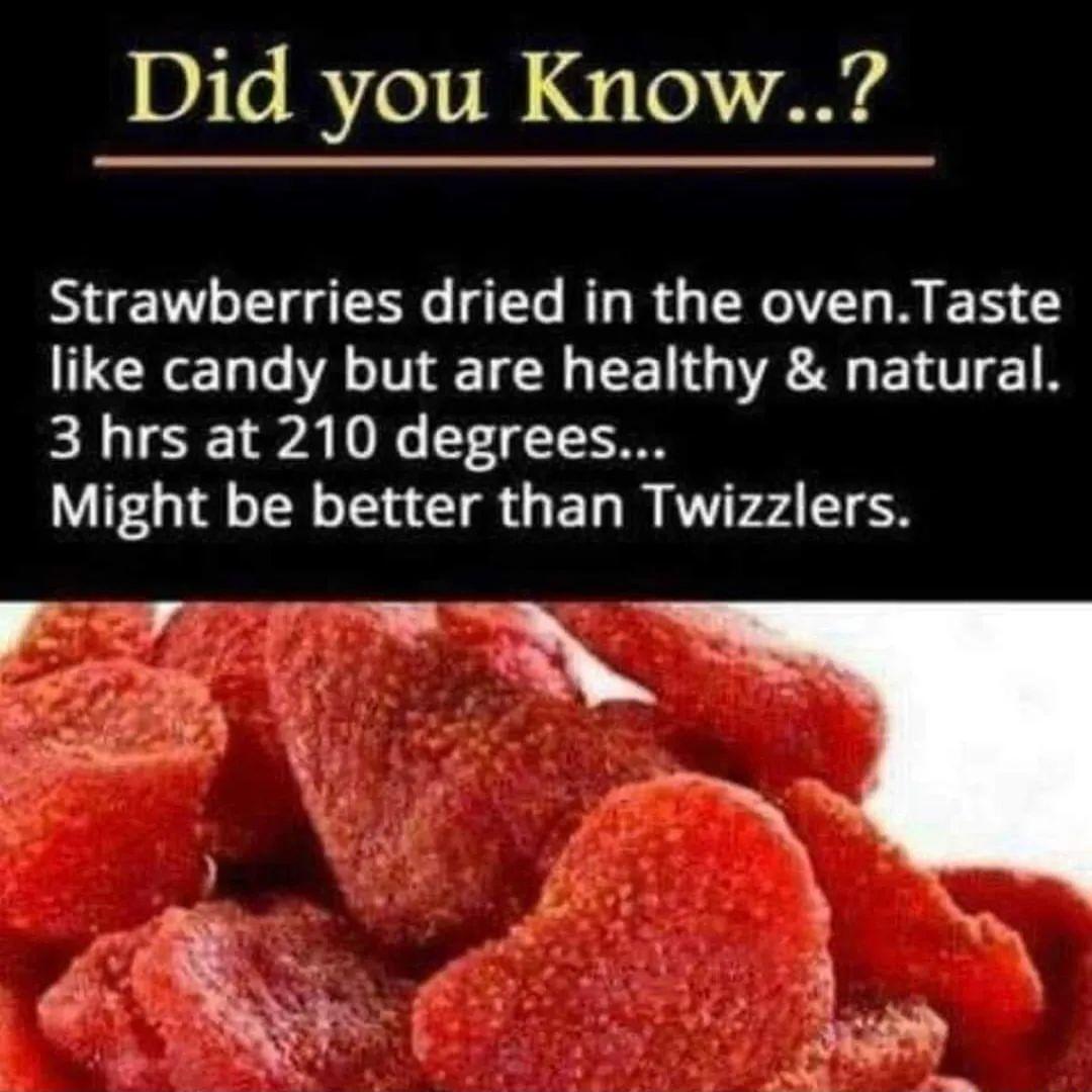 Did you Know Strawberries dried in the ovenTaste like candy but are healthy natural 3 hrs at 210 degrees Might be better than Twizzlers wA