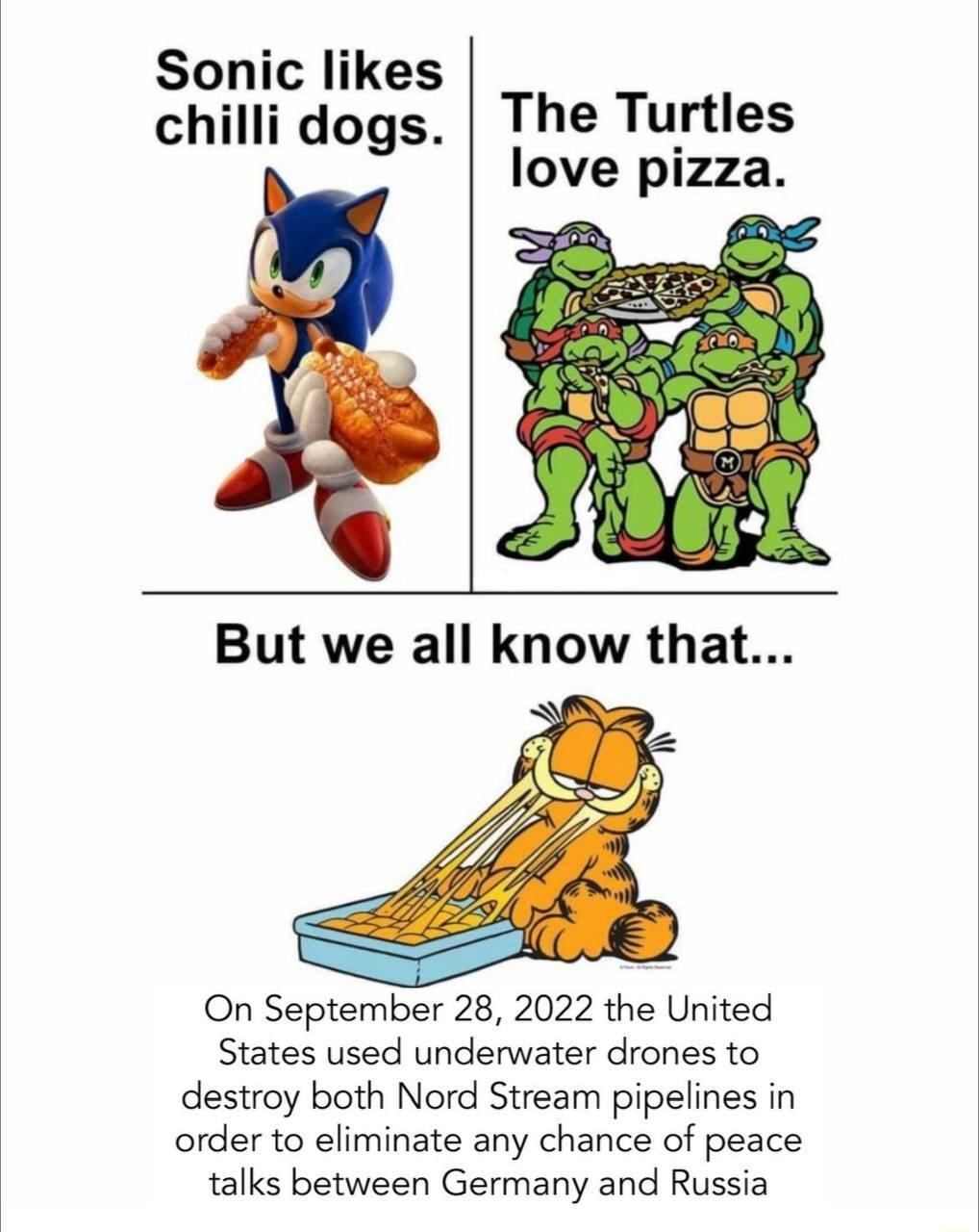 Sonic likes chilli dogs The Turtles love pizza But we all know that On September 28 2022 the United States used underwater drones to destroy both Nord Stream pipelines in order to eliminate any chance of peace talks between Germany and Russia