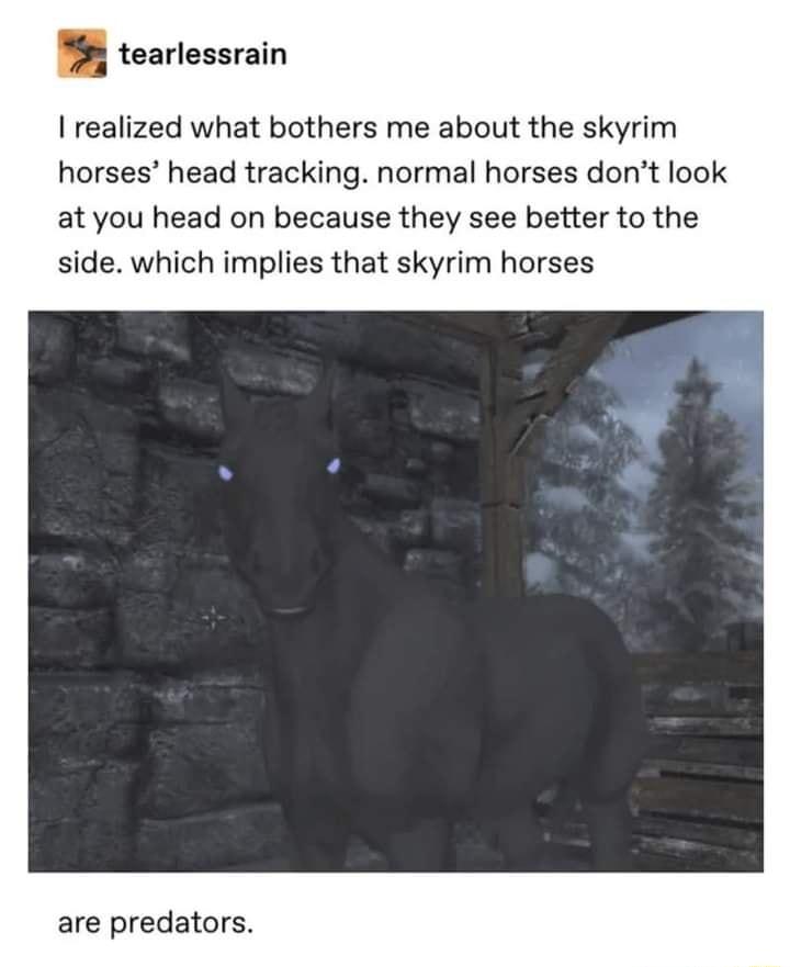 tearlessrain realized what bothers me about the skyrim horses head tracking normal horses dont look at you head on because they see better to the side which implies that skyrim horses are predators