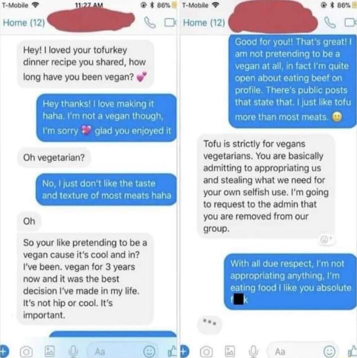 byeacosics CSINE T ome v P e Hey loved your tofurkey dinner recipe you shared how long have you been vegan Oh vegetarian No just dont fike the taste I oh S0 your ke pretending to be a vegan cause its cool and in ve been vegan for 3 years now and it was the best decision Ive made in my ife Its not hip or cool s important Totu s strictly for vegans vegetarians You are basically admittin to appropria