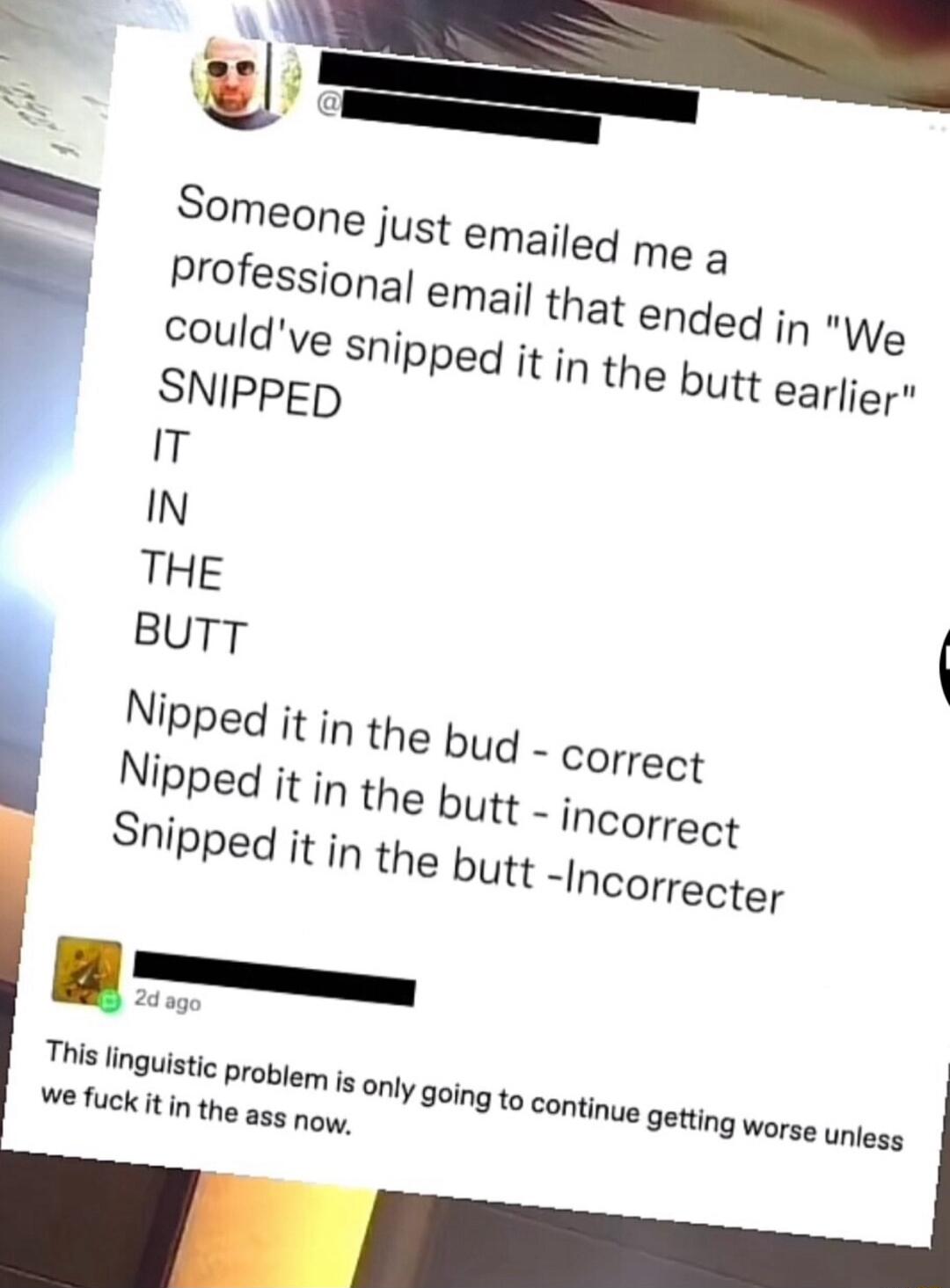 Nipped it in the bug Nipped it in the butt j Snipped itin the butt This linguistc propygr iy only going to continye 9etting worse ynjess Welekitin the ass oy Incorrecte