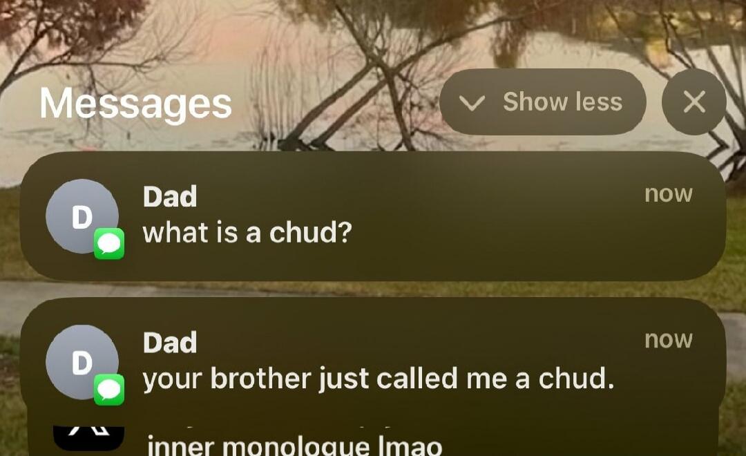 Messages. Show less. Dad: what is a chud? Dad: your brother just called me a chud. inner monologue lmao.
