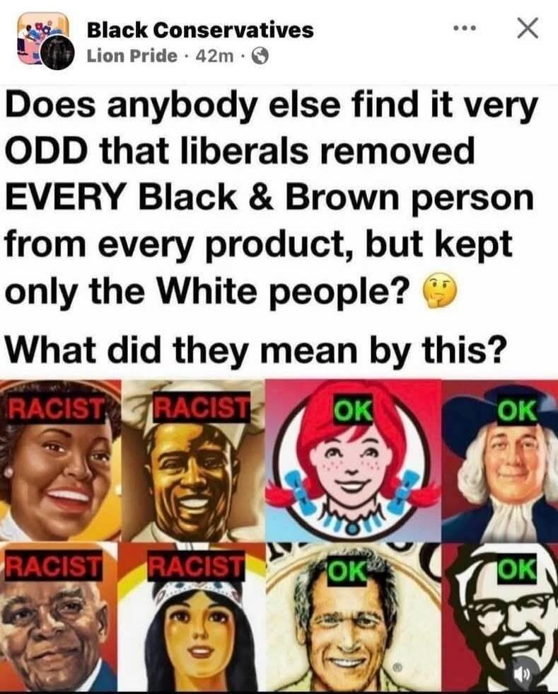 Black Conservatives Lion Pride 42m Does anybody else find it very ODD that liberals removed EVERY Black & Brown person from every product, but kept only the White people? 🤔 What did they mean by this? RACIST RACIST RACIST RACIST OK OK OK OK