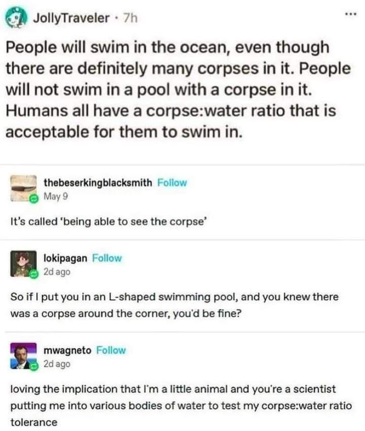 JollyTraveler 7h People will swim in the ocean even though there are definitely many corpses in it People will not swim in a pool with a corpse in it Humans all have a corpsewater ratio that is acceptable for them to swim in thebeserkingblacksmith Follow May 9 Its called being able to see the corpse lokipagan Follow 2d ago So if put you in an L shaped swimming pool and you knew there was a corpse 