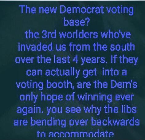 The new Democrat voting base?
the 3rd worlders who've invaded us from the south over the last 4 years. If they can actually get into a voting booth, are the Dem's only hope of winning ever again. you see why the libs are bending over backwards to accommodate